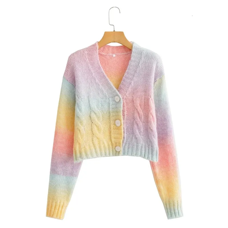 Women Puff Long Sleeve Sweater Cardigan Twist Cable Knitted VNeck Knitwear Coat Button Down Gradient Rainbow Jacket 231221