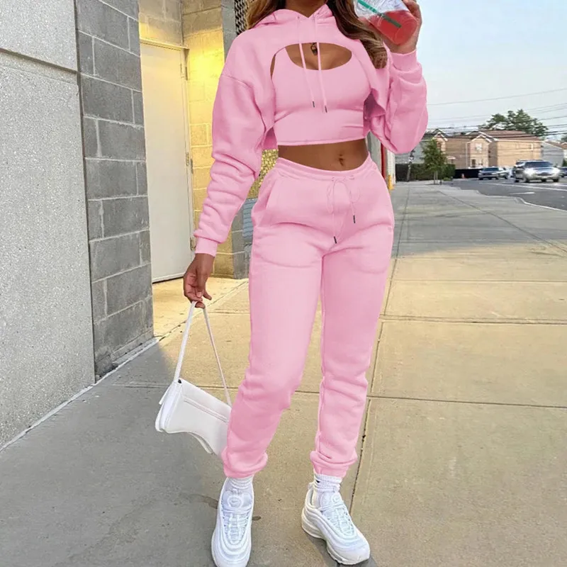 Autumn Winter 3Pcs Set Women Tracksuit Fleece Long Sleeve Pullover Crop Top HoodieTanksJogger Pants Solid Outfit Sport Suit 231222