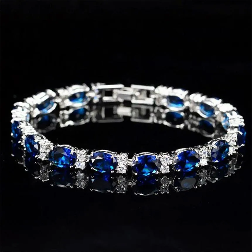 Victoria Luxury Jewelry Brand New 925 Sterling Silver Oval Cut Blue Sapphire CZ Diamond Ruby Popular Women Wedding Bracelet For Lo248c