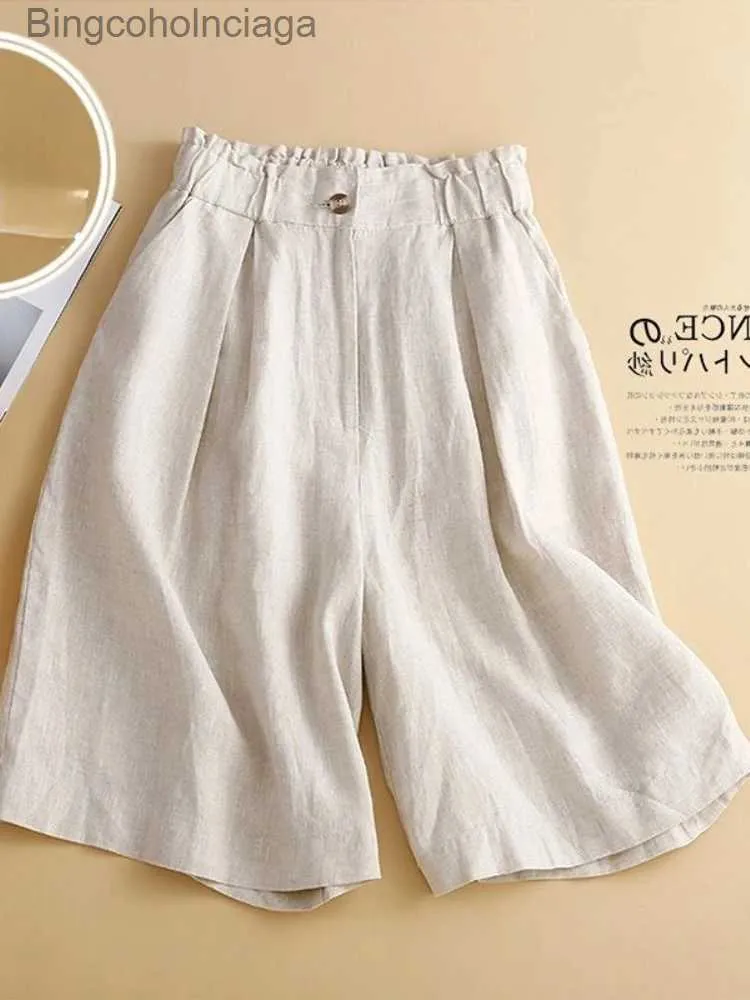 Women's Shorts Cotton Linen Women's Summer Shorts High Waist Linen Casual Wide-leg Shorts Elastic Waist Green Five-point Hot Pants Summer NewL231222