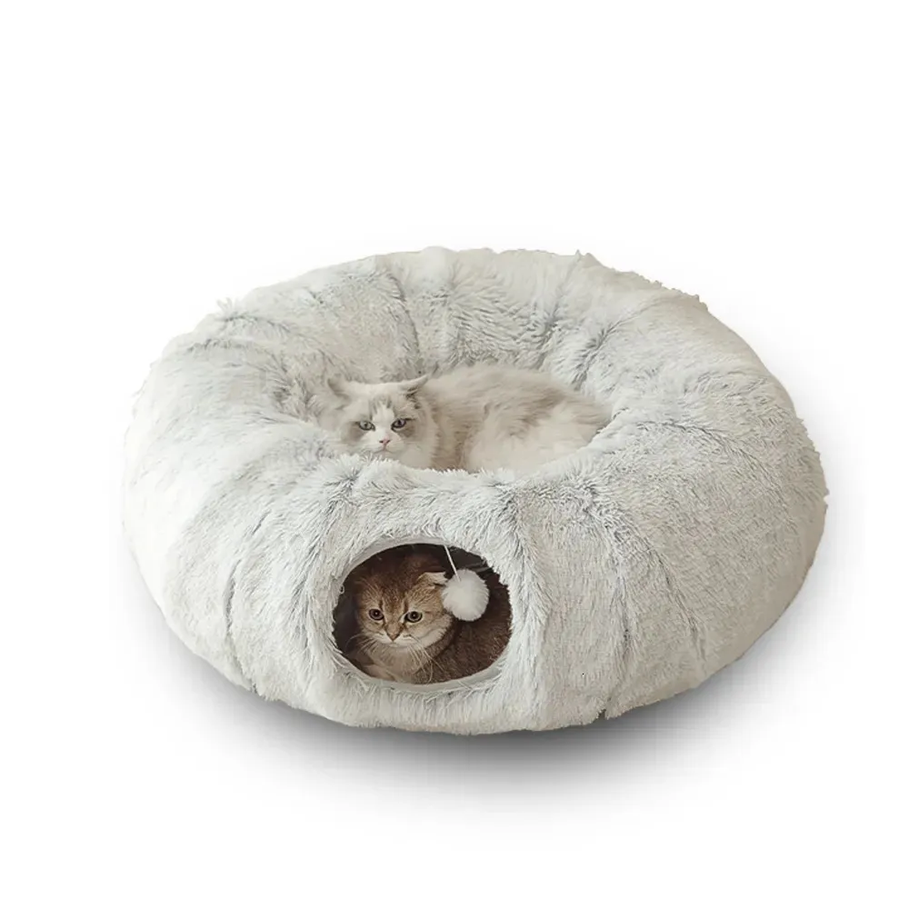 2 em 1 Camas de gato redondo casa engraçada Tunnel de gato brinquedo macio de cachorro de pelúcia para cães cães pequenos cesto de cesta de cama de canil do canil profundo 231222