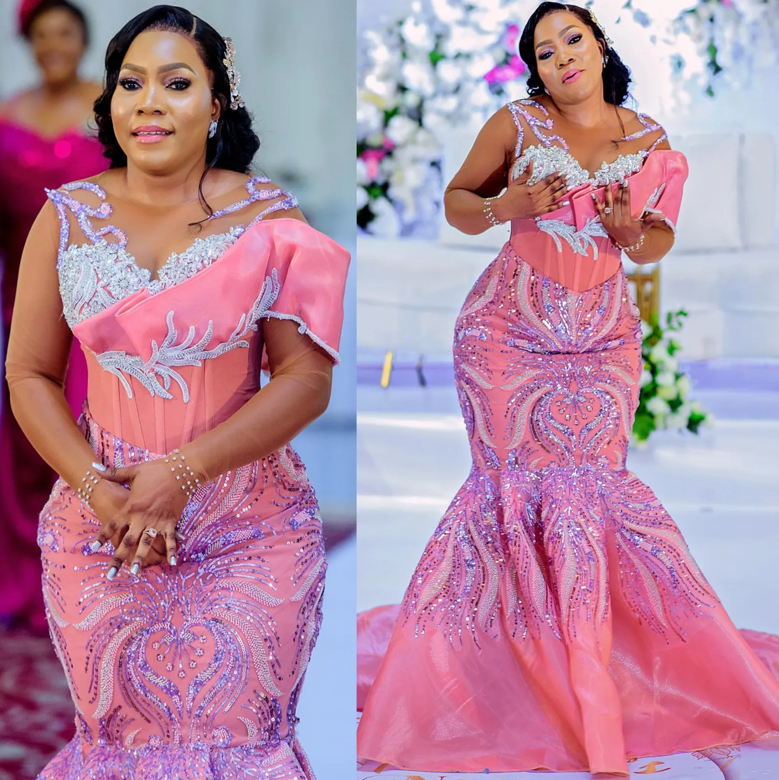 Aso Ebi 2024 Pink Mermaid Prom jurk Lace kralen satijnavond formeel feest tweede receptie verjaardag verlovingsjurken jurken jurken robe de soiree zj377 es