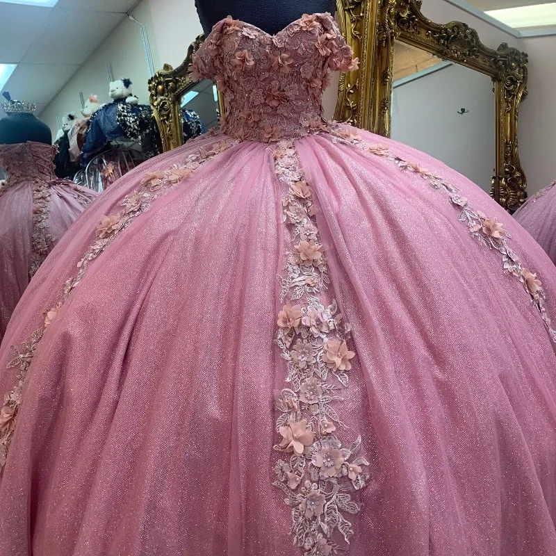 Mexicaans roze glanzende quinceanera jurken uit schouder 3D bloemen applique kanten kralen kogel jurk zoet korset vestido 15 de