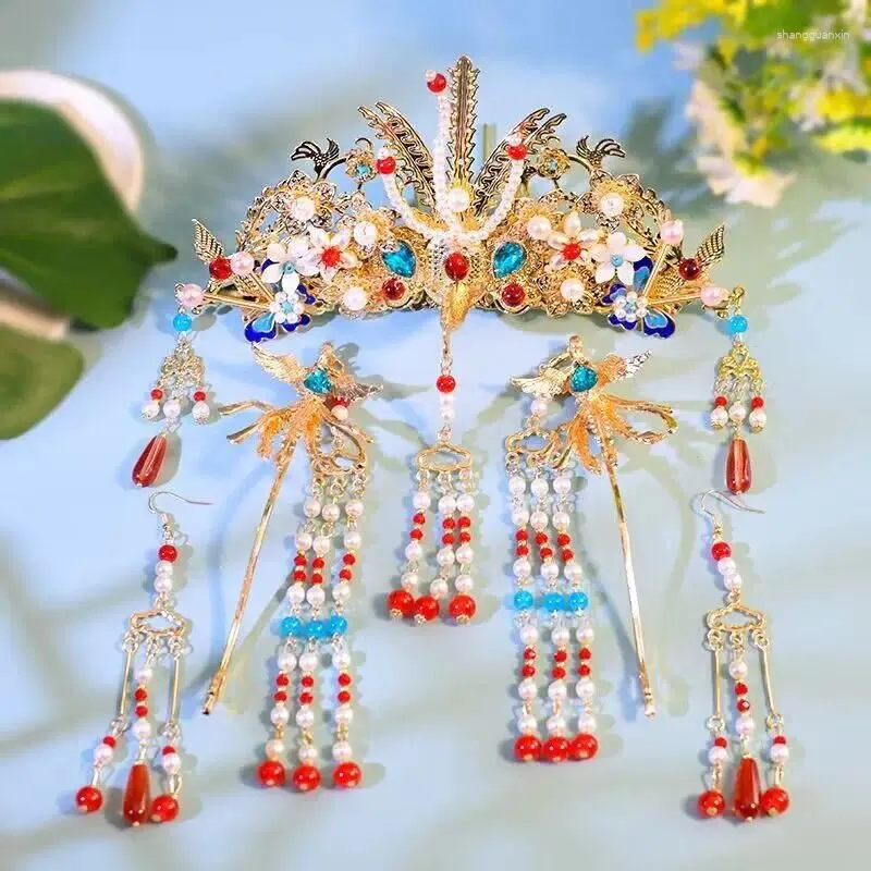 Hair Clips Womens Gold Plated Phoenix Crown With Beads Tassel Set Chinese Headdress