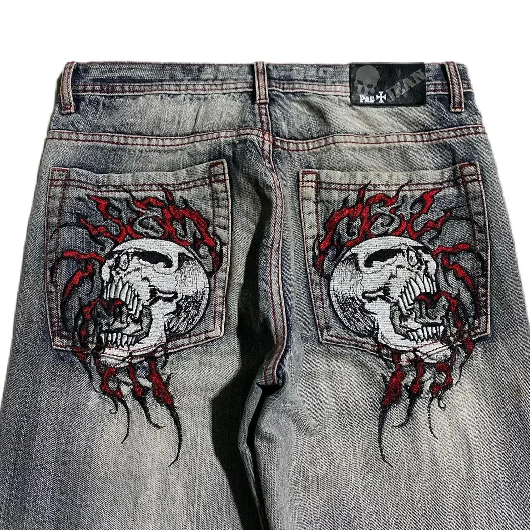 Streetwear Skull Embroidered Baggy Jeans Y2K Gothic Trend Mens Casual Street Hip Hop High Waist Wide Leg Straight Leg Pants 231222