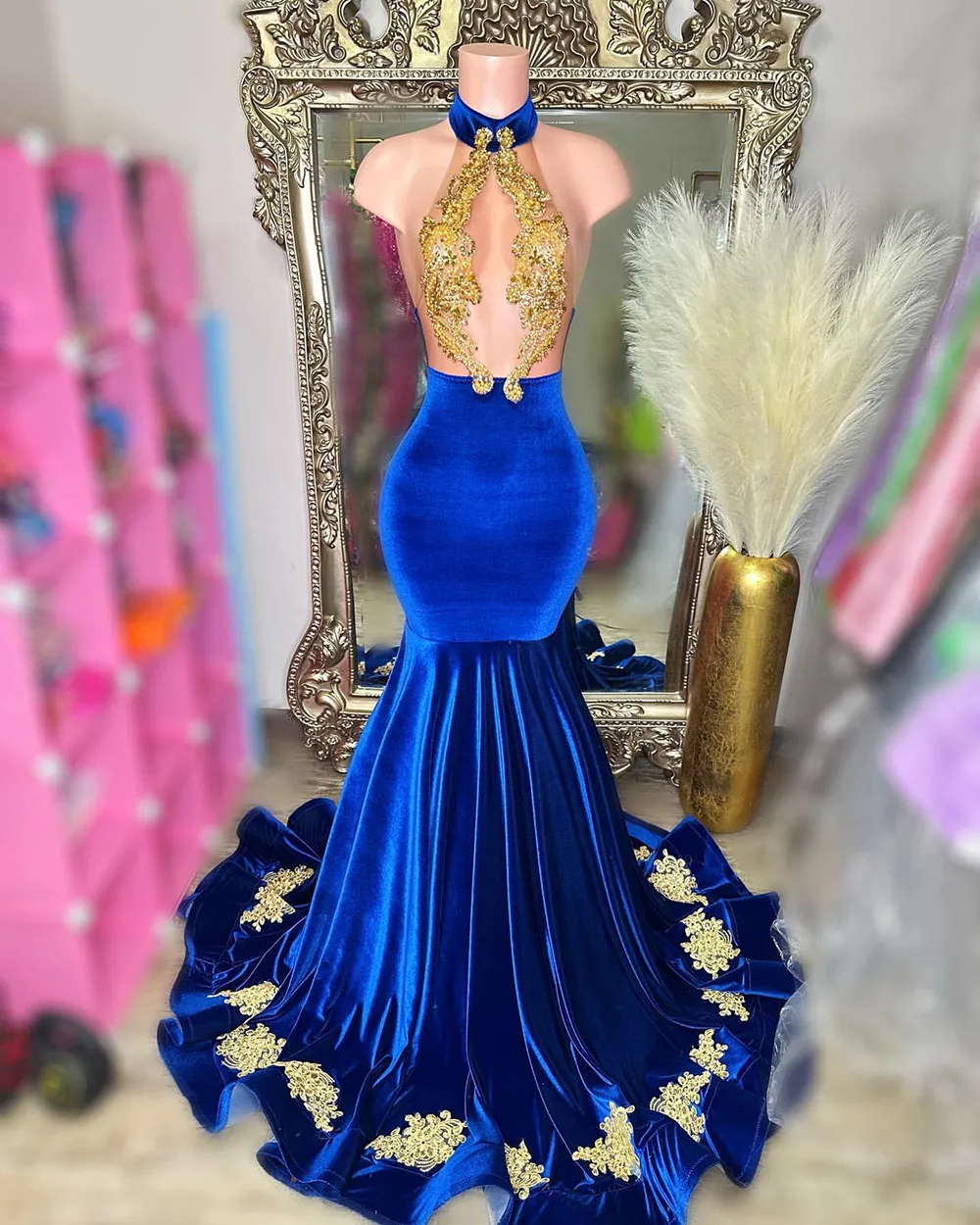 Royal Blue Prom Dresses Mermaid Halter Neck Appliqued Mermaid Party Gowns for Girl Birthday Evening Dress Outfit