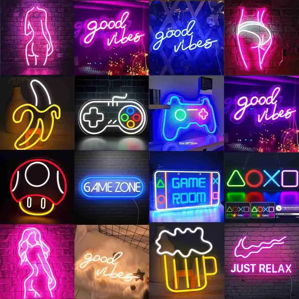 Luci notturne Icona Gaming Insegna al neon Controllo PS4 Lampada decorativa Buone vibrazioni Luci Gioco di funghi Appeso a parete Bar Decorazioni per la casa HKD230704