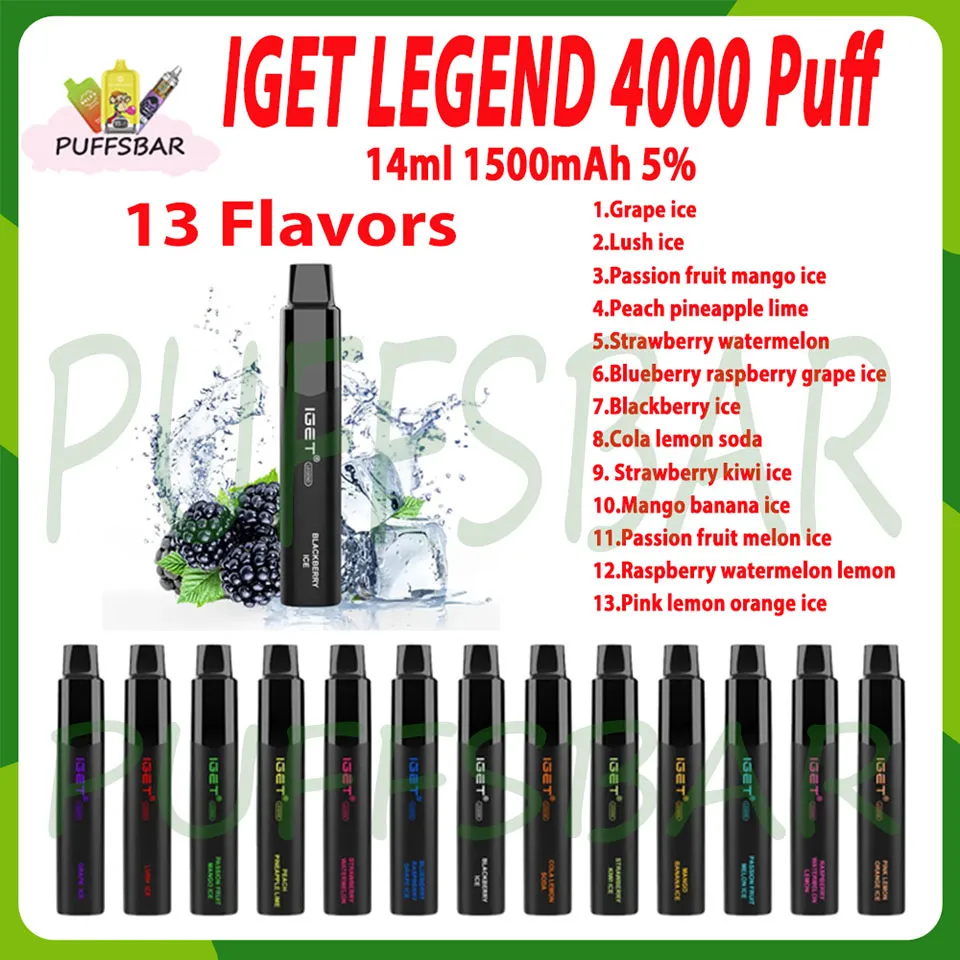 Original Iget Legende 4000 Puff -Einweg -Vape Vape Stift 14ml Maschenspulen 1500mah wiederaufladbare Batterie 5% Level 13 Vape Vape Pen Kit