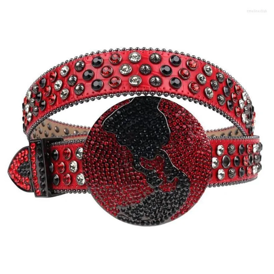 Gürtel Mode westliche rote Strasssteine ​​Metall Globe Schnalle Casond Diamond besetzt Cinturones Para Hombre Sintirones Mujerbelts Emel22947