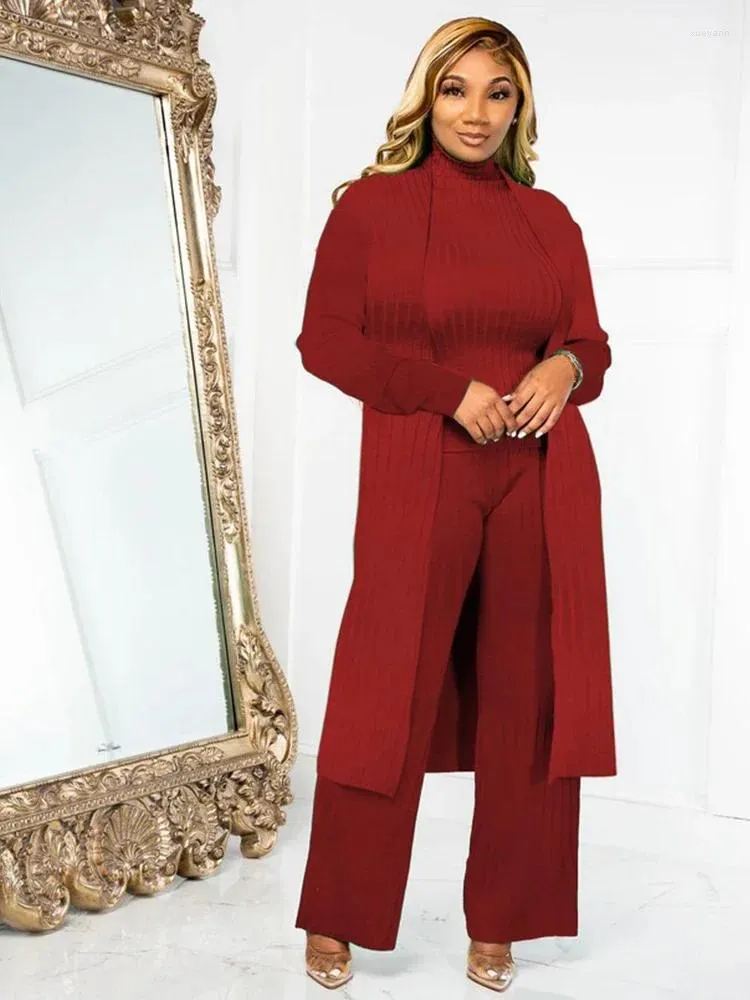 Zweiteilige Hosen von Frauen Herbst Mode rippte 3 Outfits für Damen hoher Nackenpullover Top Long Sleeve Cardigan Mantel Weitbein passender Sets