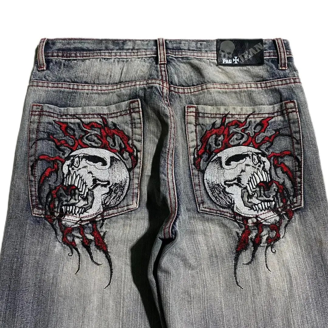 Teschio ricamato jeans a largo jeans harajuku tendenza y2k donne casual street hip hop hop high wit gamba pantaloni dritti 231221