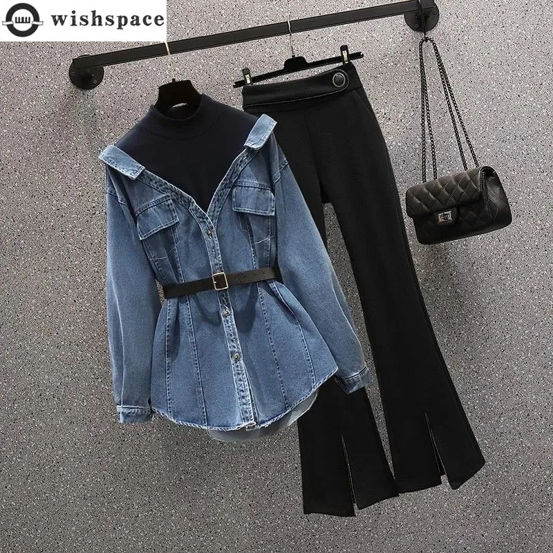 Korean Autumn Style Personalized Denim Splice Shirt Casual Wide Leg Trousers Two Piece Elegant Women's Pants Set 231221