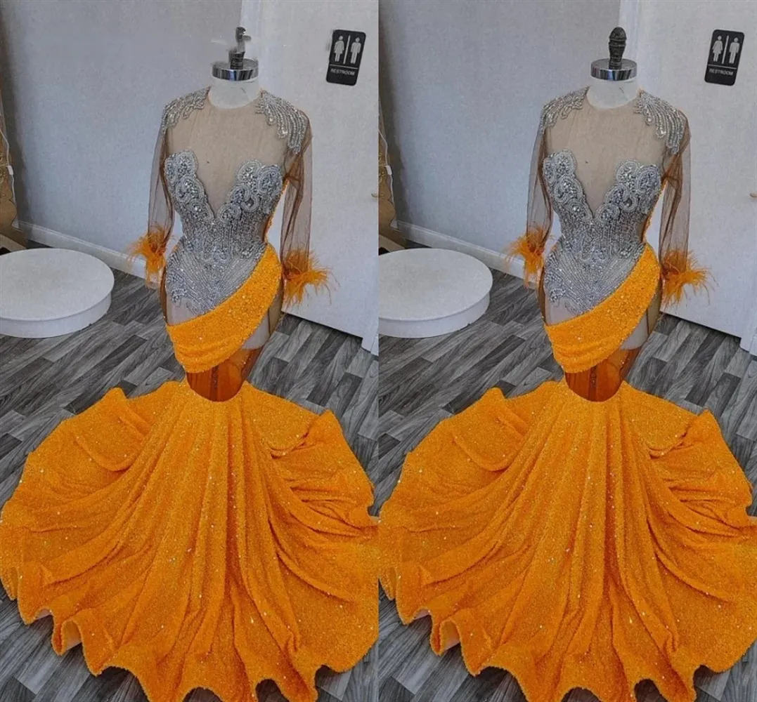 O Long Orange Neck Prom Dress for Black Girls 2024 Beaded Crystal Birthday Party Dresses Sequined Feathers Evening Gowns Gown es