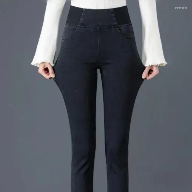 Женские брюки с высокой джинсовой джинсовой ткани и осенние упругие лоскутные карманы сплошной тонкий посадка универсальный маленький карандаш для ног
