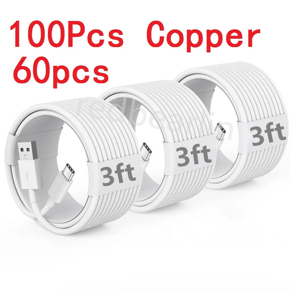 100st Copper (60st) 1m 3ft snabb laddningstyp C USB C Micro USB -kabel för Samsung Galaxy S10 S20 S22 S23 Xiaomi Redmi Huawei Android -telefon