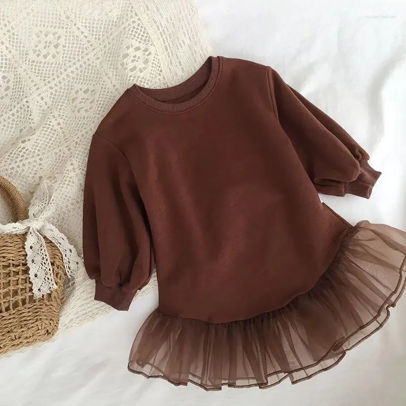 Girl Dresses Girls Casual Autumn Korean Baby Long Sleeved Sweater Mesh Yarn Splicing Princess Style Children Clothing Cotton