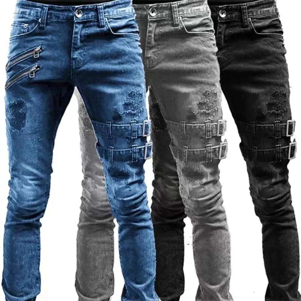 Retro Moto Biker Straight Elastic Jeans Men Zipper Hole Streetwear Punk Skinny Denim Cargo Pantal