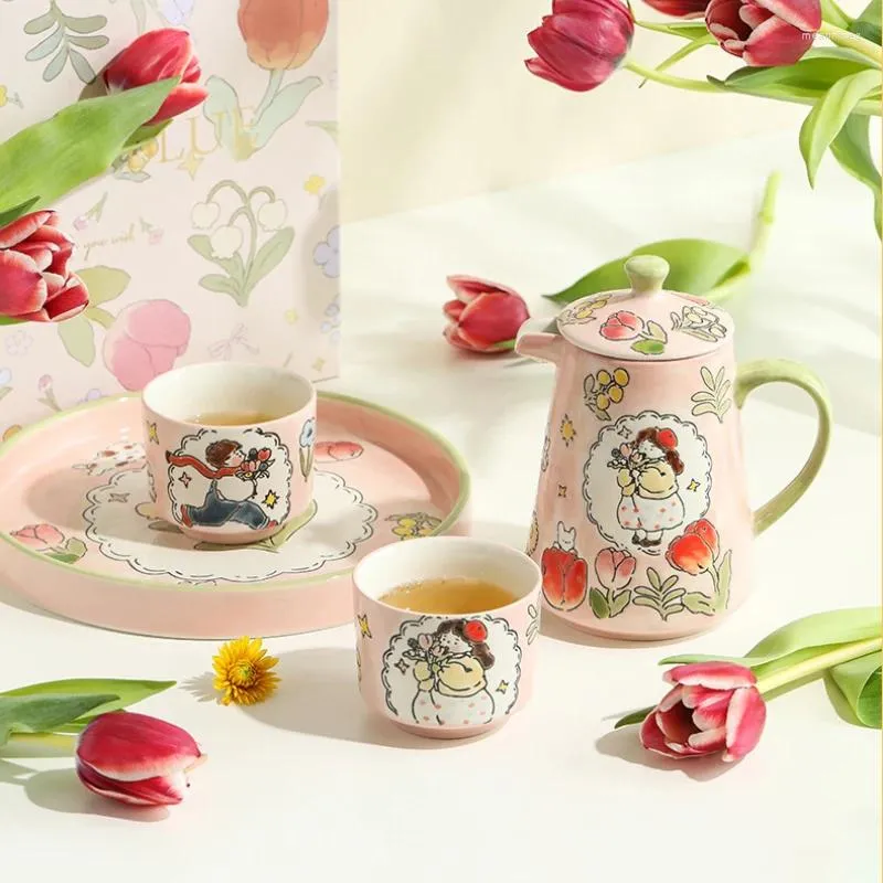 Ensembles de théière de thé à la main Boîte-cadeau de thé à la main 4 pièces avec plateau à domicile intégré Couple d'après-midi en céramique Tasse de thé