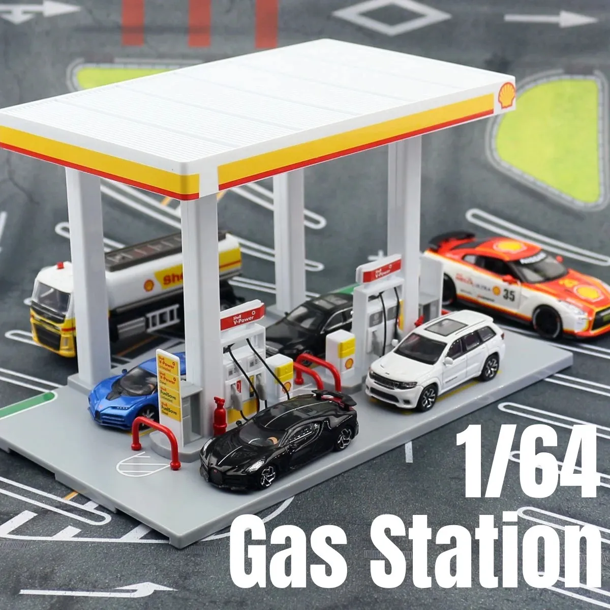 1 64 Gas Station Toy Model Diecast Miniature 1 43 Gulf Shell Racing Car Set Oil Tank Truck Collection Gift Boys Kid 231221