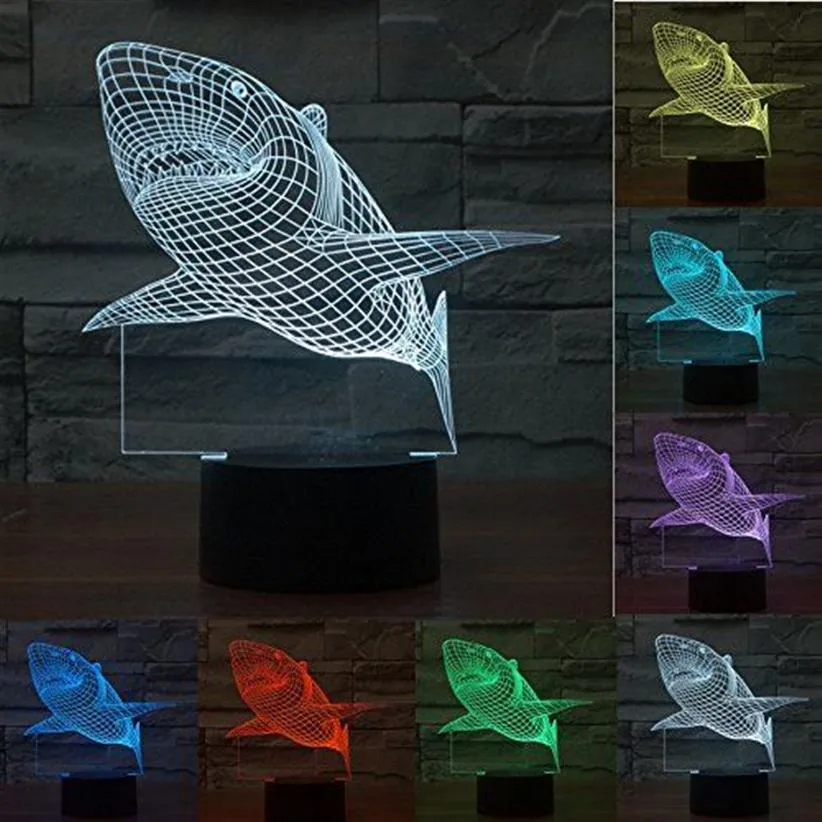 ジョーズグレートホワイトサメ3D幻想LEDナイトライト7キッズ用カラフルなテーブルデスクランプ301E