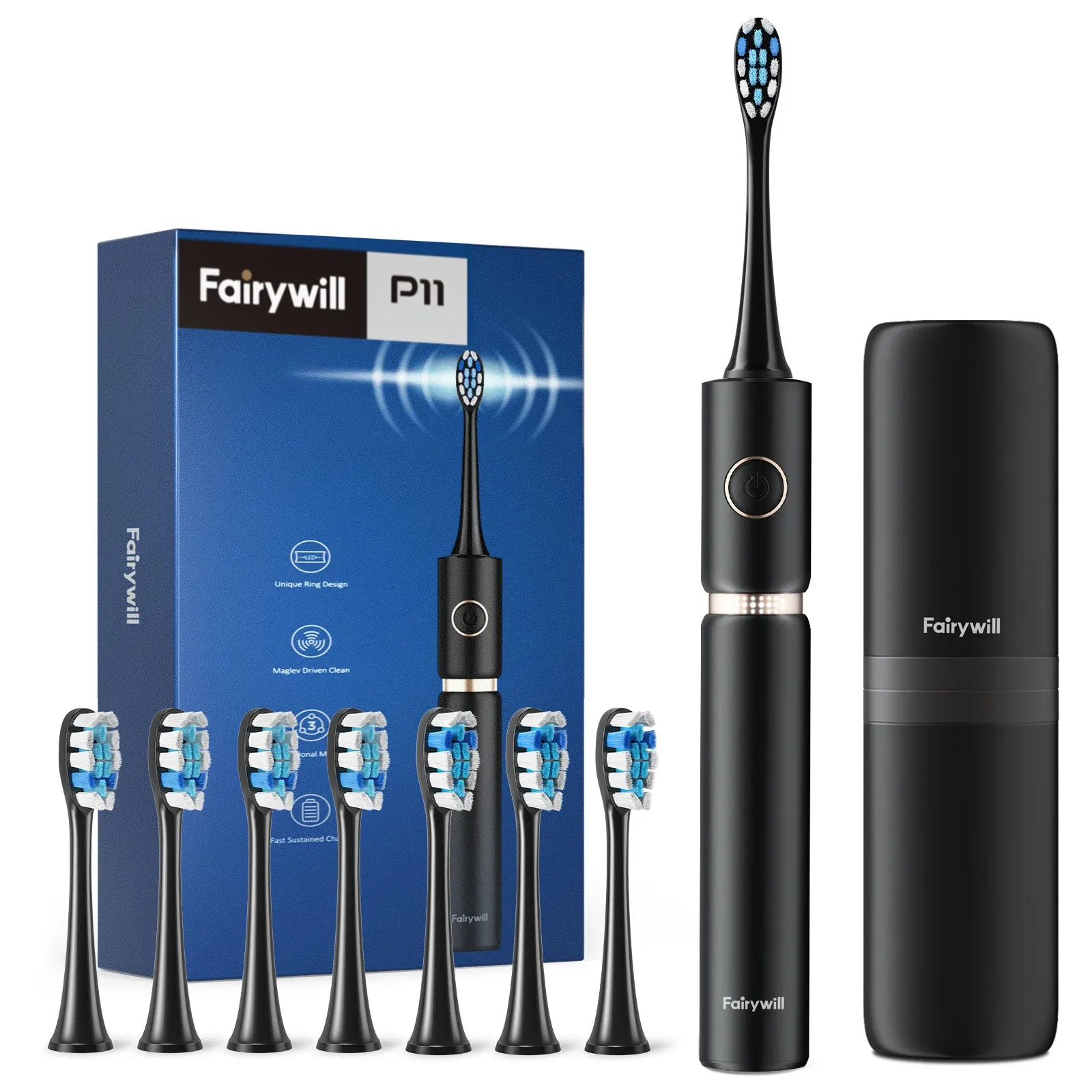 Fairywill P11 Sonic Whitening Elektrische tandenborstel Oplaadbare USB -oplader Ultra krachtige waterdichte 4 koppen en 1 reiskoffer 231222