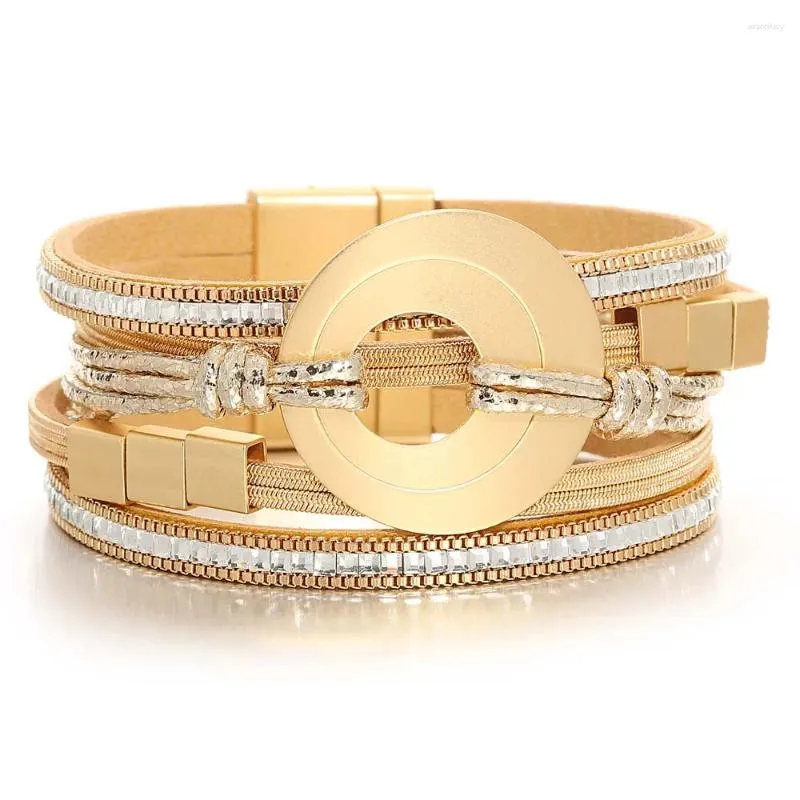 Charm Bracelets Amorcome Trendy Gold Color Round Metal Square Rhinestones Multilayer Wrap Bracelet Leather Jewelry For Women