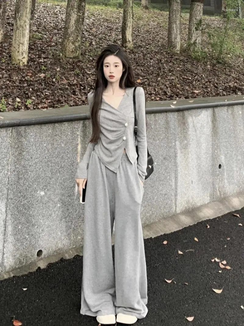 Dames tweedelige broek Gray Geresneden Vrouwen passen bij lange mouwen tophoog hoge taille herfst Koreaanse stijl luie geplooide shirt los zoete zacht
