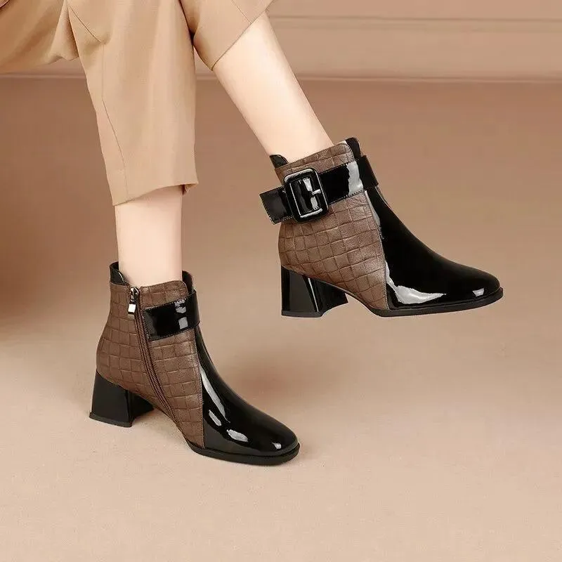 Stövlar 2022 Autumn Women Ankle Boots Pu Leather Thick High Heel Kort stövlar Vinter Zip Square Toe Shoes Lady Women Shoes