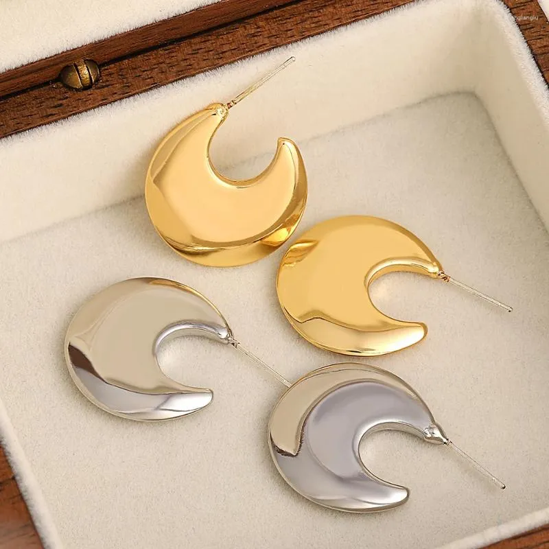 Hoop örhängen större chunky slät metallmåne formad för kvinnor trendiga guld silver färg geometriska party smycken