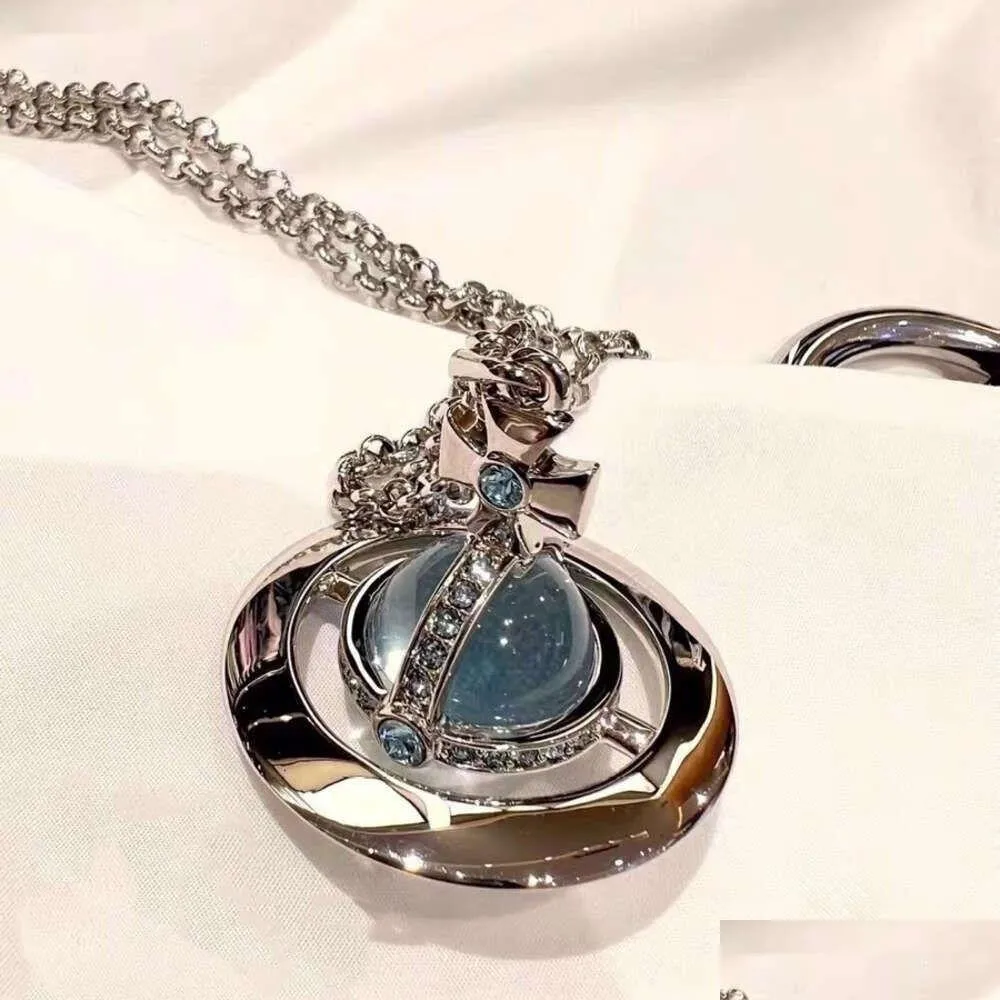Anhänger Halsketten Designer Viviene Westwoods Herbst Neue Kaiser -Witwe Gletscherblau glasierte Perlenkette für Männer und Frauenlicht lu dhvdg