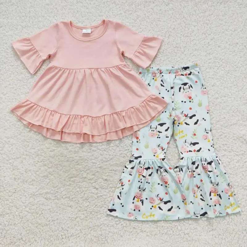 Clothing Sets Wholesale Toddler Set Baby Girls Short Sleeves Pink Cotton Tunic Children Infant Cow Floral Bell Bottom Pants Kid Western