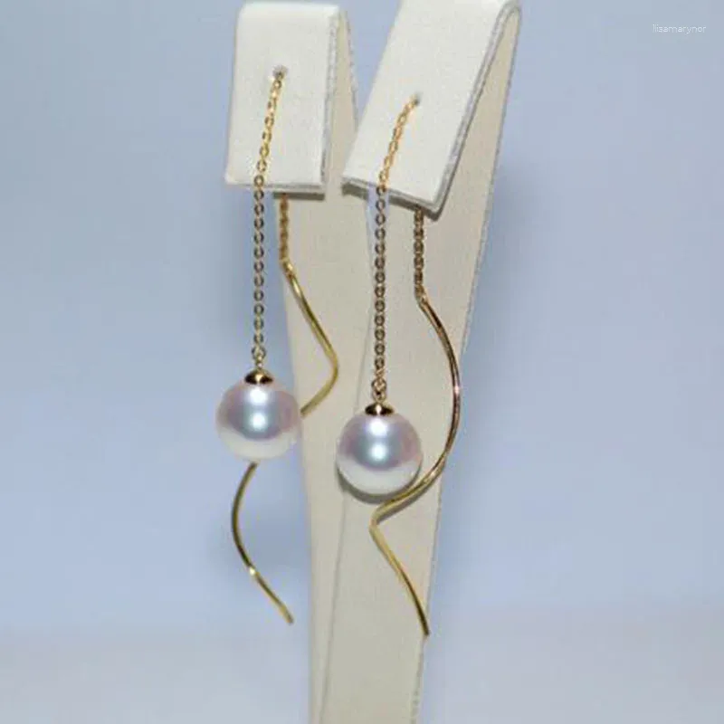 Kolczyki Dangle Cute 7,5-8 mm idealne okrągły Akoya Biała różowa perłowa kolczyka 18K Solid Gold