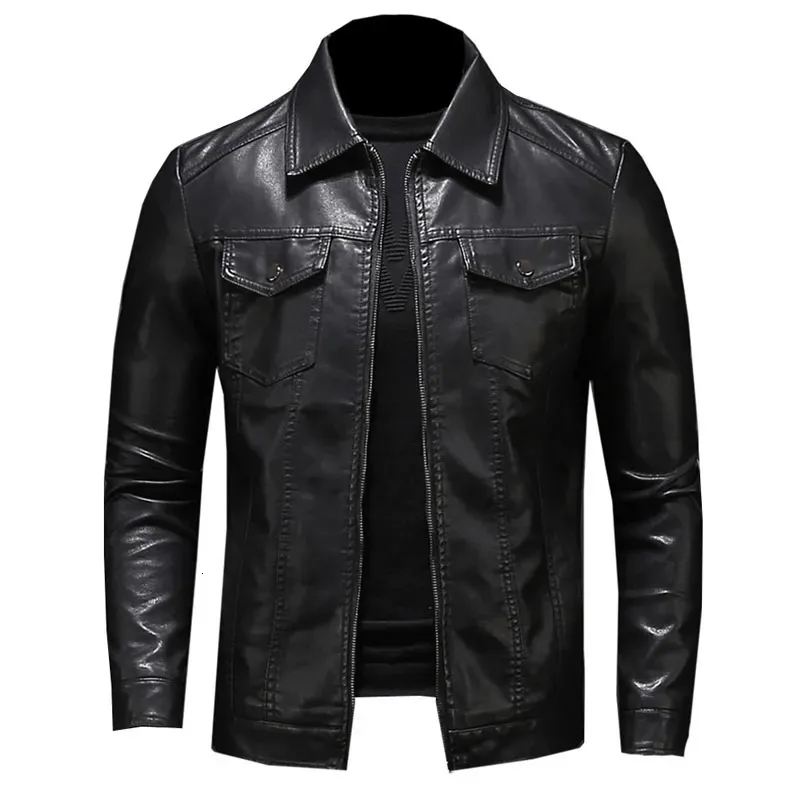 Mäns motorcykel läderjacka stor storlek Pocket Black Zipper Lapel Slim Fit Male Spring and Autumn High Quality PU Coat M-5XL 231221