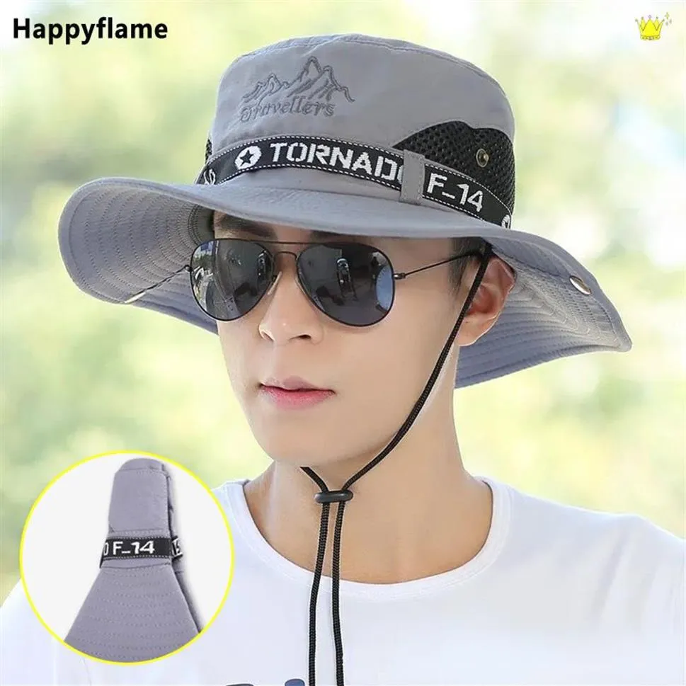 Moda yaz kovası şapka güneş şapkaları erkekler için açık hava balık tutma seyahat safari uv koruma plaj şapkaları ağ nefes alabilir geniş ağzına kadar şapka 22237t