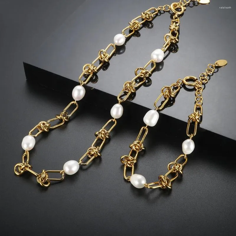 Necklace Earrings Set Trendy Tie Natural Pearl Stainless Steel Chain Handmade Bracelet Stylish Gold Plated Jewelry For Women