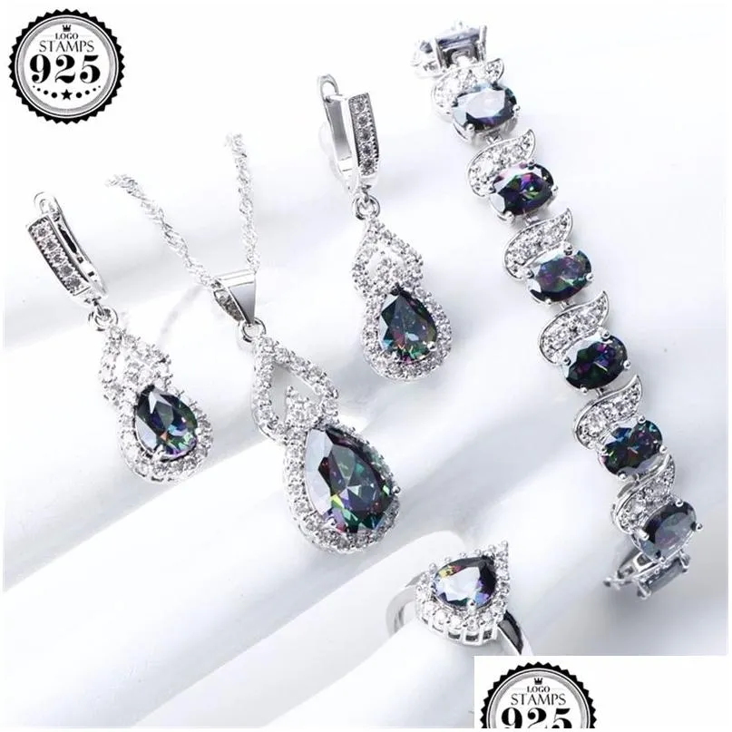 Ensembles de bijoux de mariage ensembles de bijoux arc-en-ciel naturels 925 boucles d'oreilles de mariage sterling sier pour les femmes de collier de bracelet de pierres Set GIF DH5RK