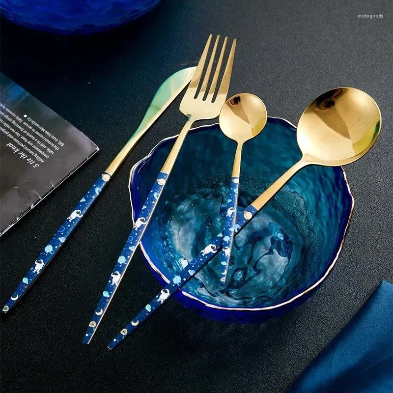 Servis uppsättningar Travel Student Set El Main Meal Knife Fork and Spoon 2023 Creative Blue Starry Sky tema Western bordsartiklar