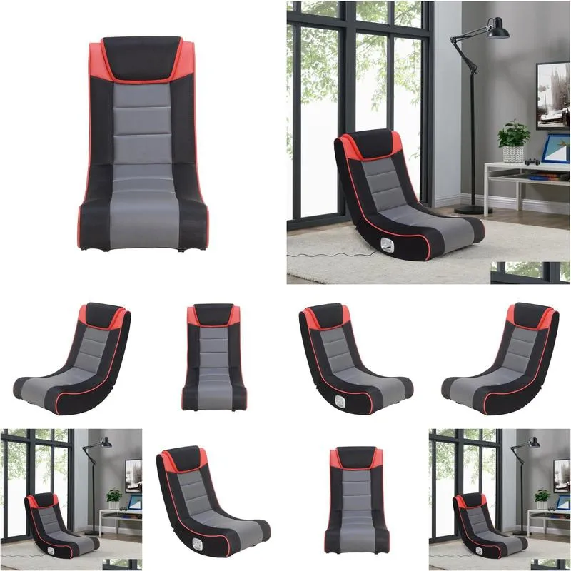 X Rocker Graphite 2 Bluetooth Wireless Foldable Rocking Video Gaming Floor Chair with 2 Speakers, Black Red and Grey