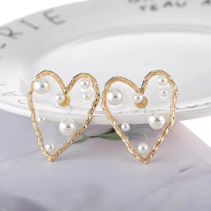 Stud Earrings 30Pairs/lot Personality Love Transparent Resin Pearl Big Heart Shaped Silver Color Earring For Women Ear Jewelry