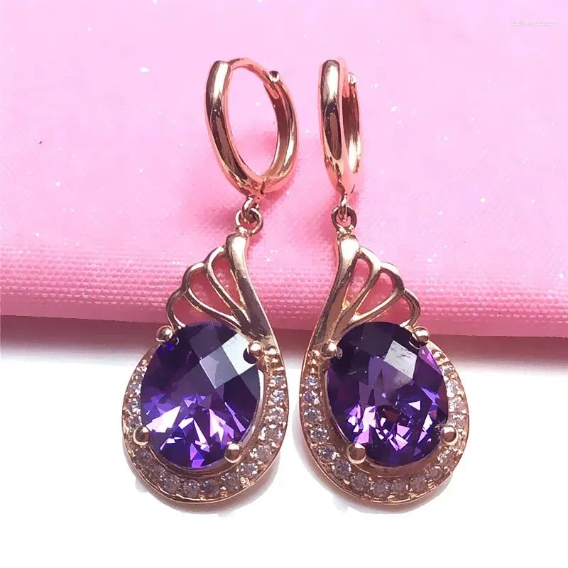 Dingle örhängen 585 Purple Gold Plated 14k Rose Shining Luxury Gem For Women Elegant Utsökt bröllopsengagemangsmycken