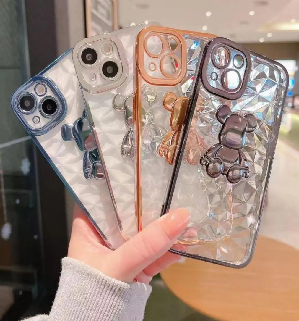 New style Electroplated transparent Diamonds lines phone cases for iPhone 13promax 12 11 7P with bear Cover Case4006422