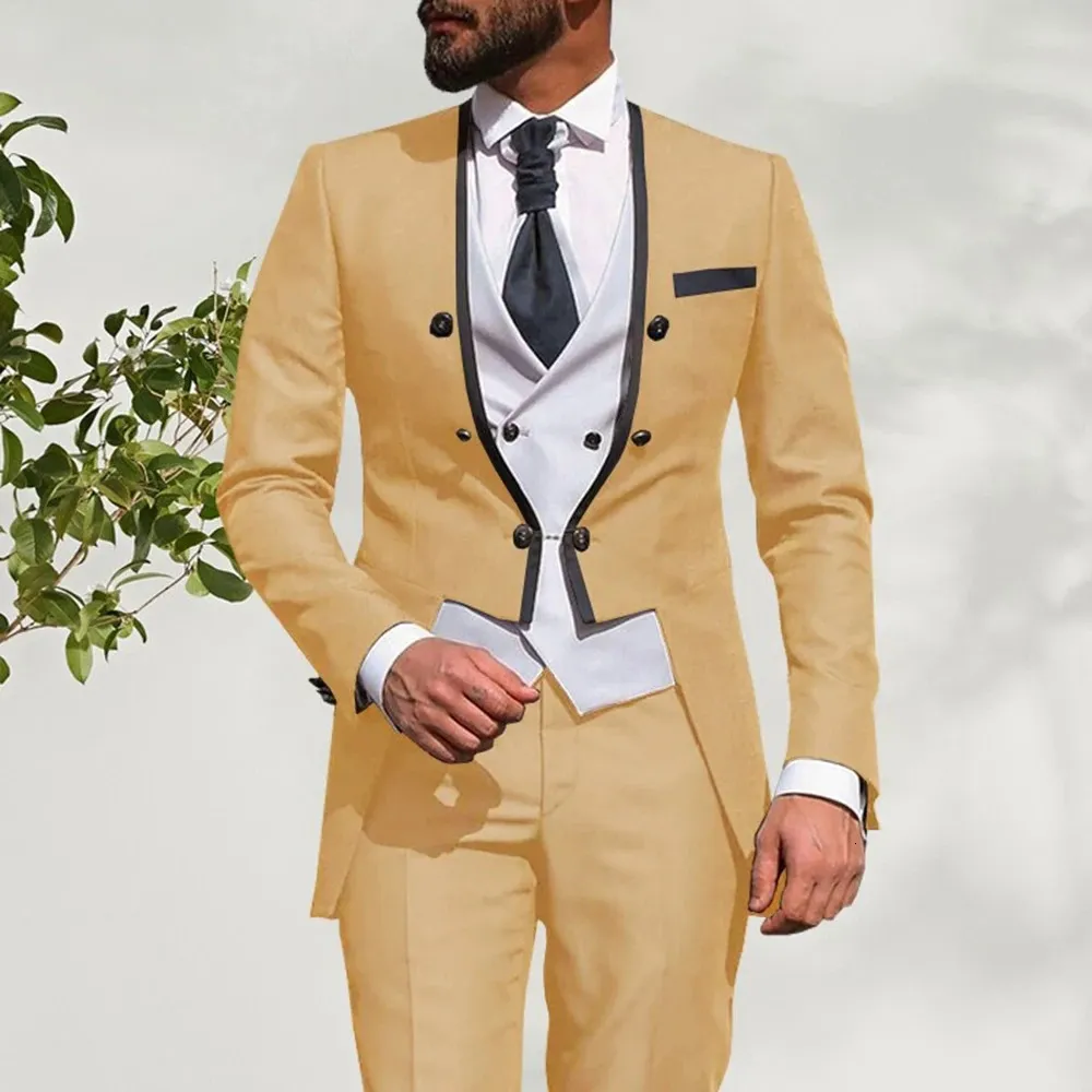 Yaz erkekleri düğün damat smokin ince fit iş rahat takım 3 adet blazer yelek pantoloncostume homme 231221