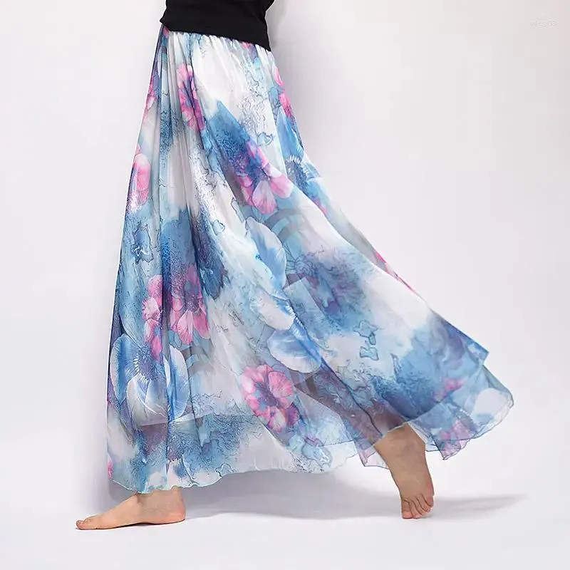 Skirts Blue Chinese Style Summer Retro Beachwear Bohemian Skirt Female Floral Print Long Chiffon Boho Vintage Sweet Girls