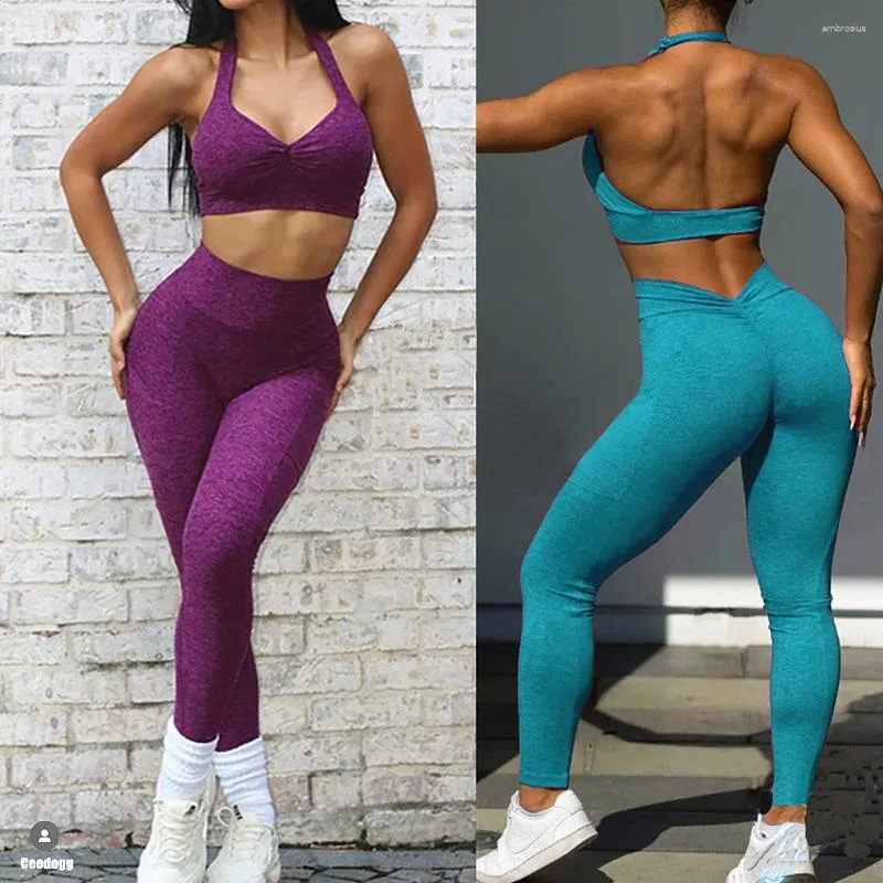 Active Sets 2024 1/2PCS V Back Lycra Pad Pocket Halter Sport Bra Yoga Set Squat Proof Scrunch Legging Workout Pant Gym Fitness Suits