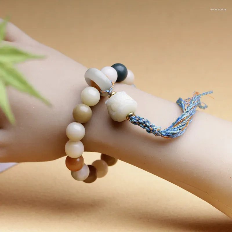 Link Bracelets Chinese Style Stone Bracelet Couple Simple Single Circle Tassel Beads Zen Wooden Artistic Trendy Women's Jewelry