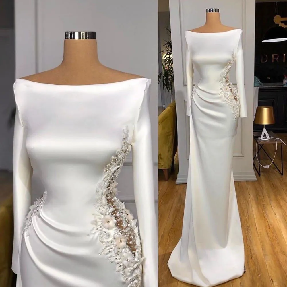 2024 NYA ELEGANT BATEAAU NECK SJÄRNAG KIFTLESSER Bär spetsar Applices Pärled 3D Flower Formella långa ärmar Prom Dress Vestidos de Fiesta