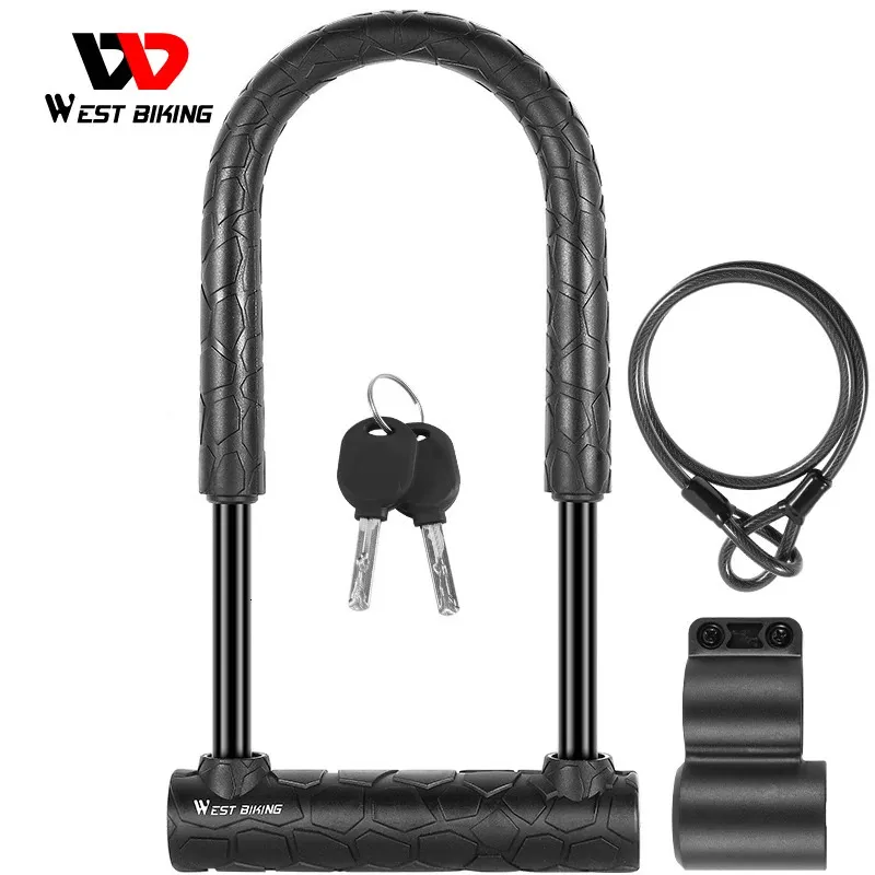 West Biking Anti-diefstal Bike Lock Steel MTB Road Security Bicycle U Lock met kabel 2 toetsen Motorfiets Scooter Cycling Accessoires 231221