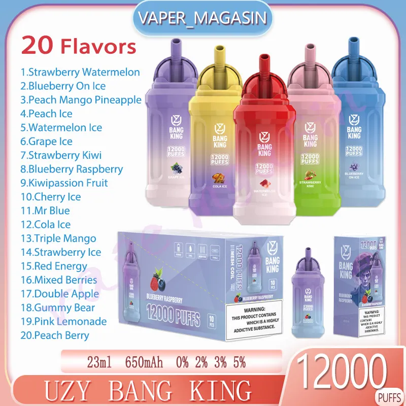 Uzy Bang King 12000 Puffle à vape jetable 2 ml Cartouche préchargée 0% 2% 3% 5% Concentration 12K Puff 20 FLAVORS 650mAH Batterie rechargeable E-cigarette