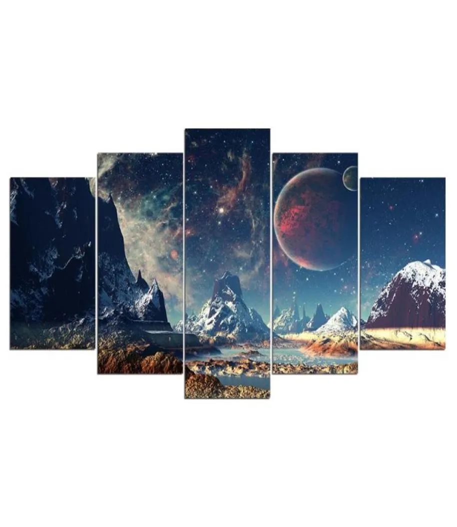 Andere Wohnkultur 5 -teilige Leinwand Art Space Planet Snow Lake Galaxy Malerei Modulare Wandbilder für Wohnzimmer6284581