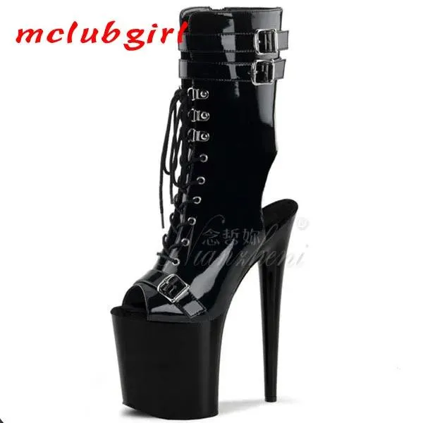 Chaussures Mclubgirl 15/17/18/20Cm talon Super haut noir laqué ceinture en cuir bottes basses Sexy Fishmouth chaussures pour femmes botte Sexy LYP